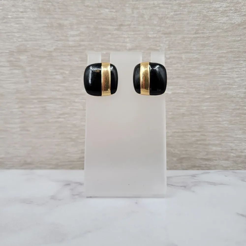 Sarah Coventry Earrings Vintage 80s Black Enamel and Gold Toned Square Clip On